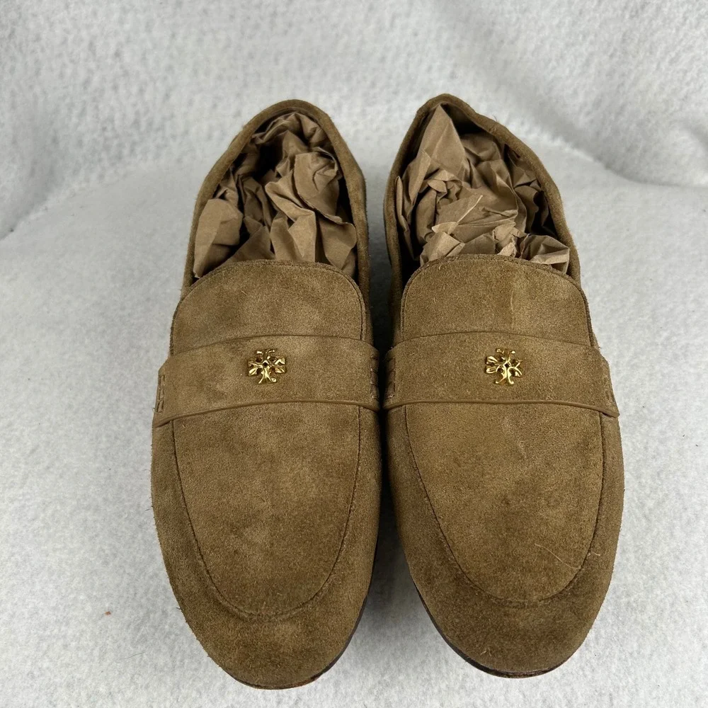 Tory Burch Loafers Womens Size 11M Tan Brown Suede Double T Logo Penny Shoes